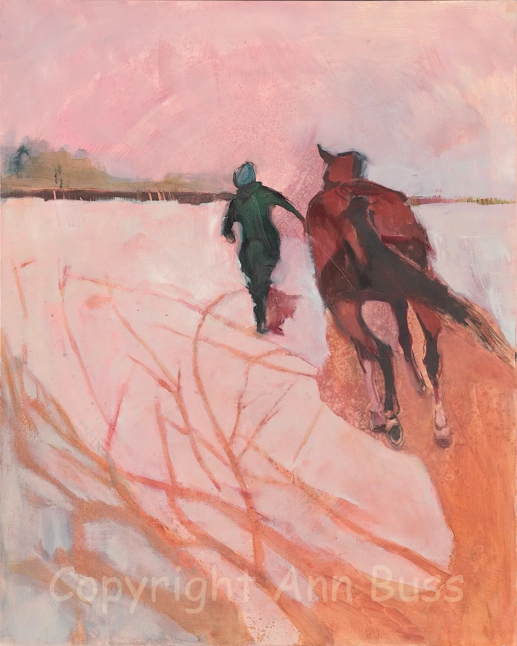 Abstract painting of a person and horse against a pink background.