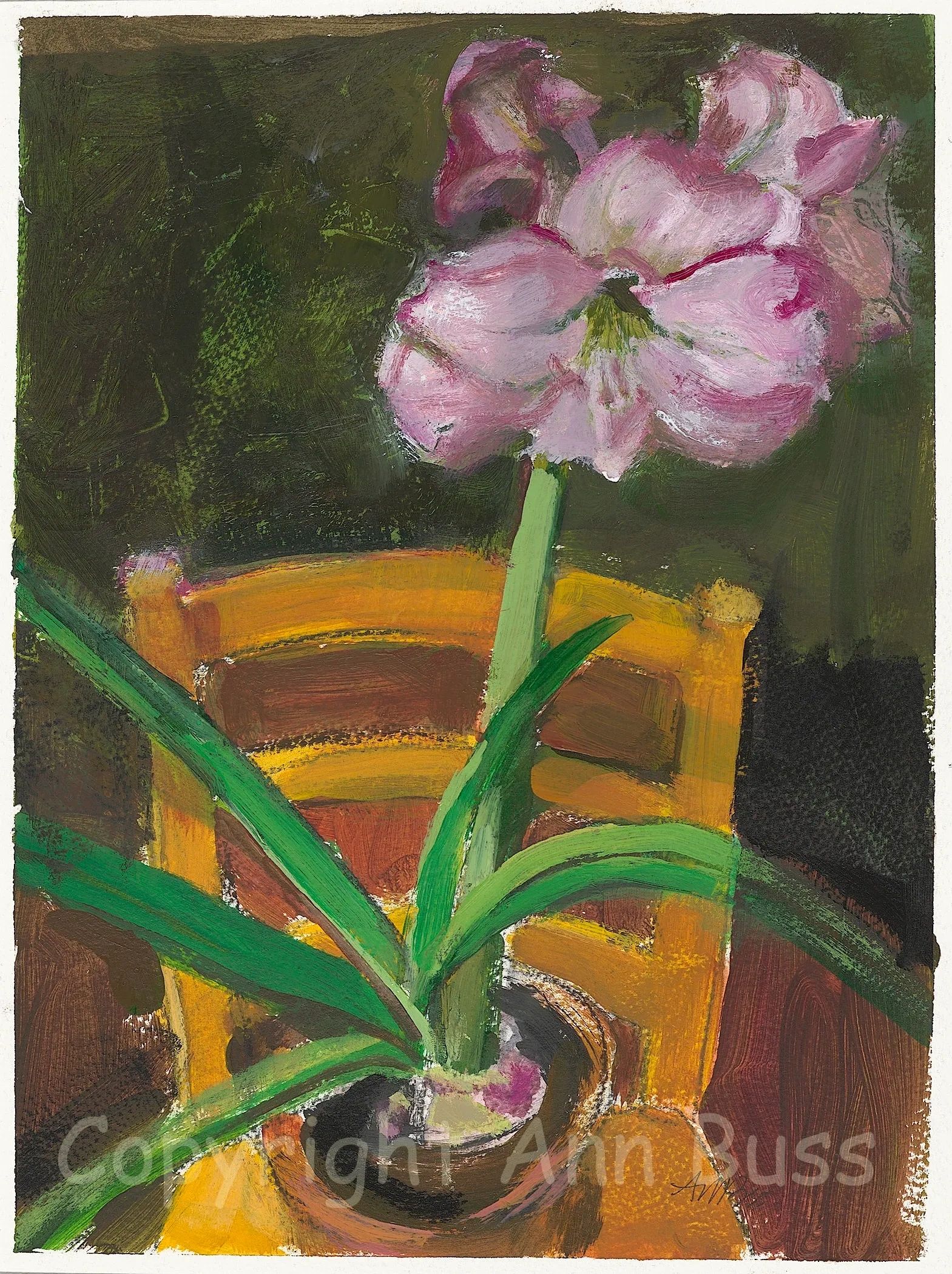 Painting of a pink flower in a pot on a yellow chair against a dark background.