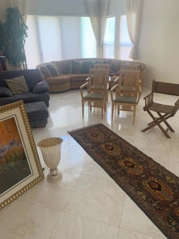Bright living room with various chairs, a sofa, and a decorative rug.