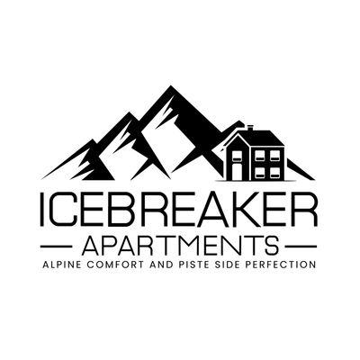 Logo of Icebreaker Apartments with mountains and a house.