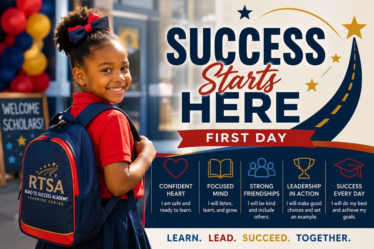 Smiling girl ready for first day at Road to Success Academy.