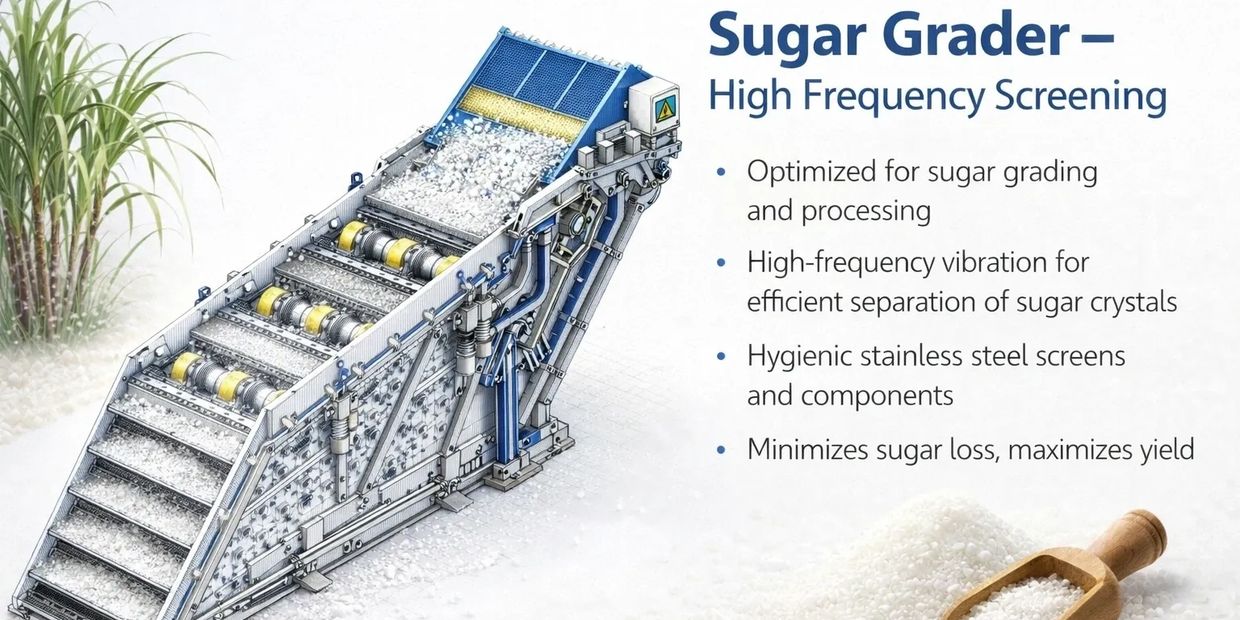 Illustration of a sugar grader machine with key features and sugar crystals.