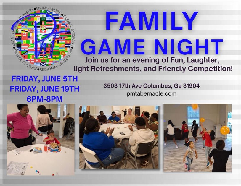 Family Game Night flyer with fun activities and refreshments in Columbus, GA.