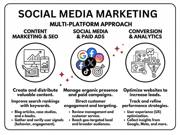 Infographic on a multi-platform social media marketing approach.