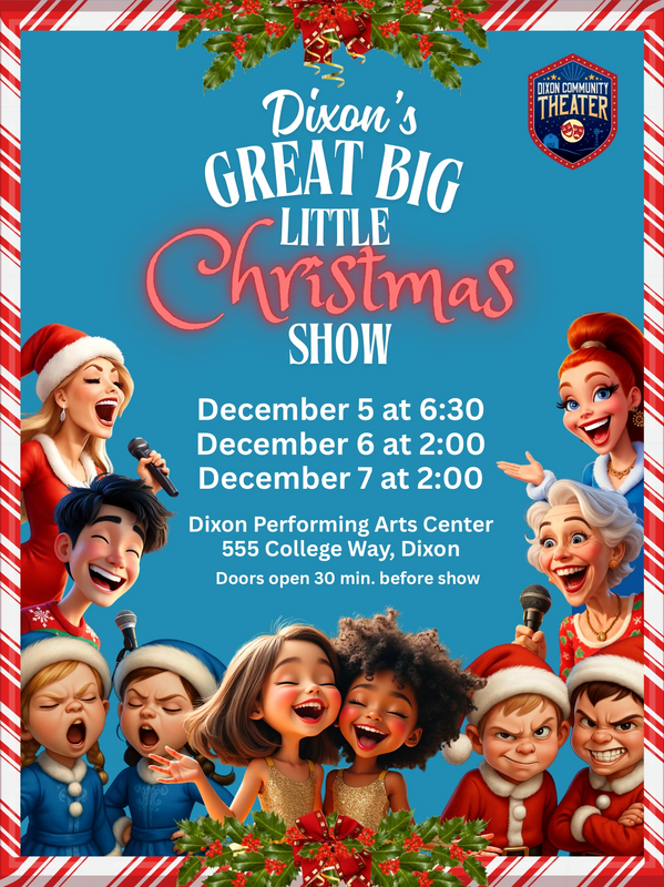 Animated characters promote Dixon's Great Big Little Christmas Show with festive cheer and dates.