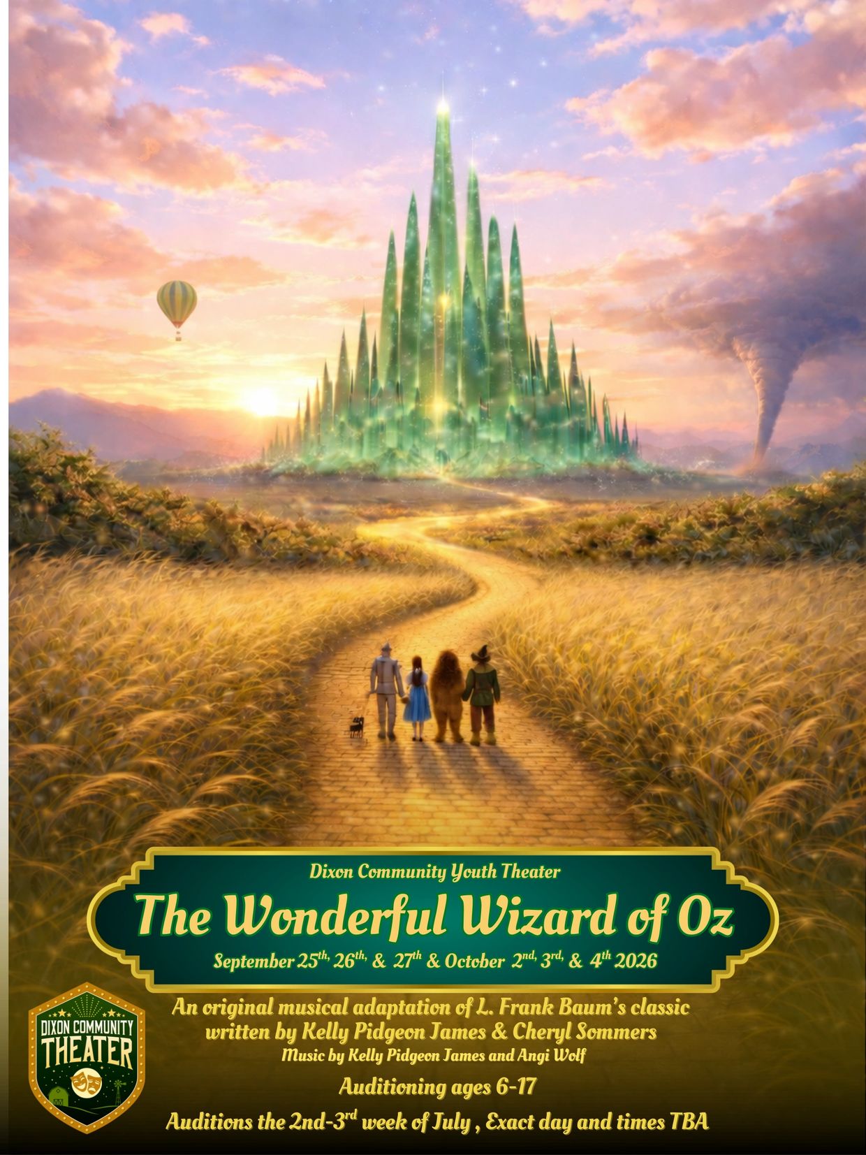 The iconic yellow brick road leads to the Emerald City in a vibrant theater poster for The Wonderful Wizard of Oz.