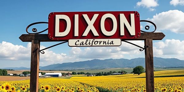 Sunflower field with Dixon, California sign under a bright blue sky.