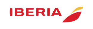 Iberia airline logo with red text and stylized wing design.