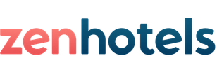 Zen Hotels logo with pink and blue text.