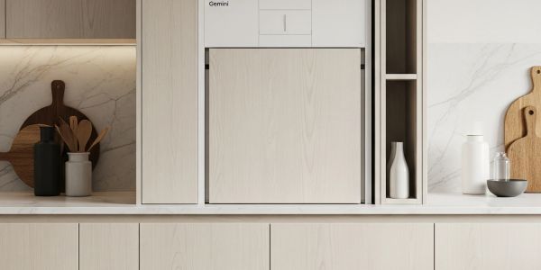 Modern kitchen cabinetry with built-in Smart Out home hub appliance.