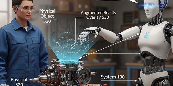 Robot and engineer interact with augmented reality overlay on a mechanical object.