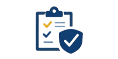 Blue and yellow clipboard and shield for vendor credentialing and compliance 