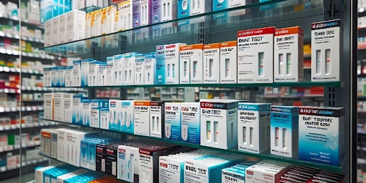 Display of various over the counter drug test kits in a store's pharmacy section.