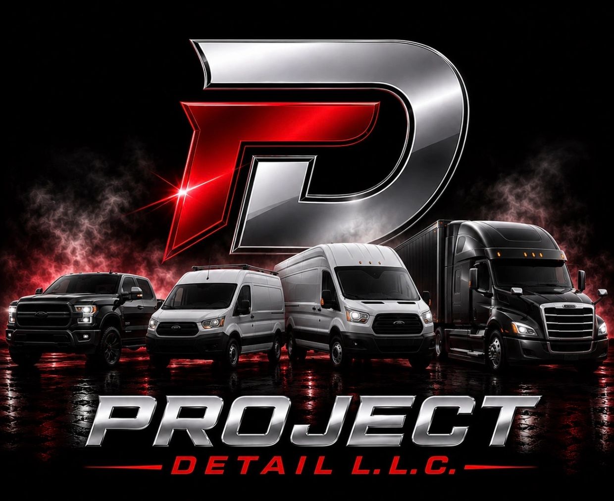 Logo for Project Detail L.L.C. with vehicles and smoke.