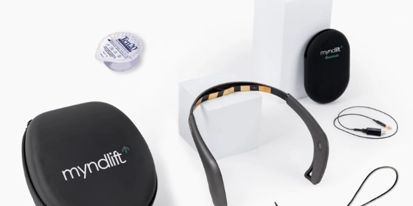 Myndlift brain training headset and accessories on a white surface.