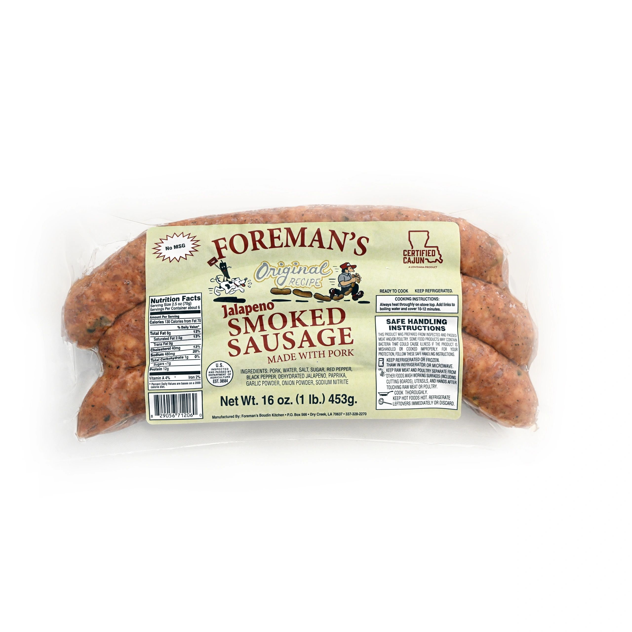 Foremans Jalapeño Smoked Sausage made with pork in a 16 oz package on a white background.