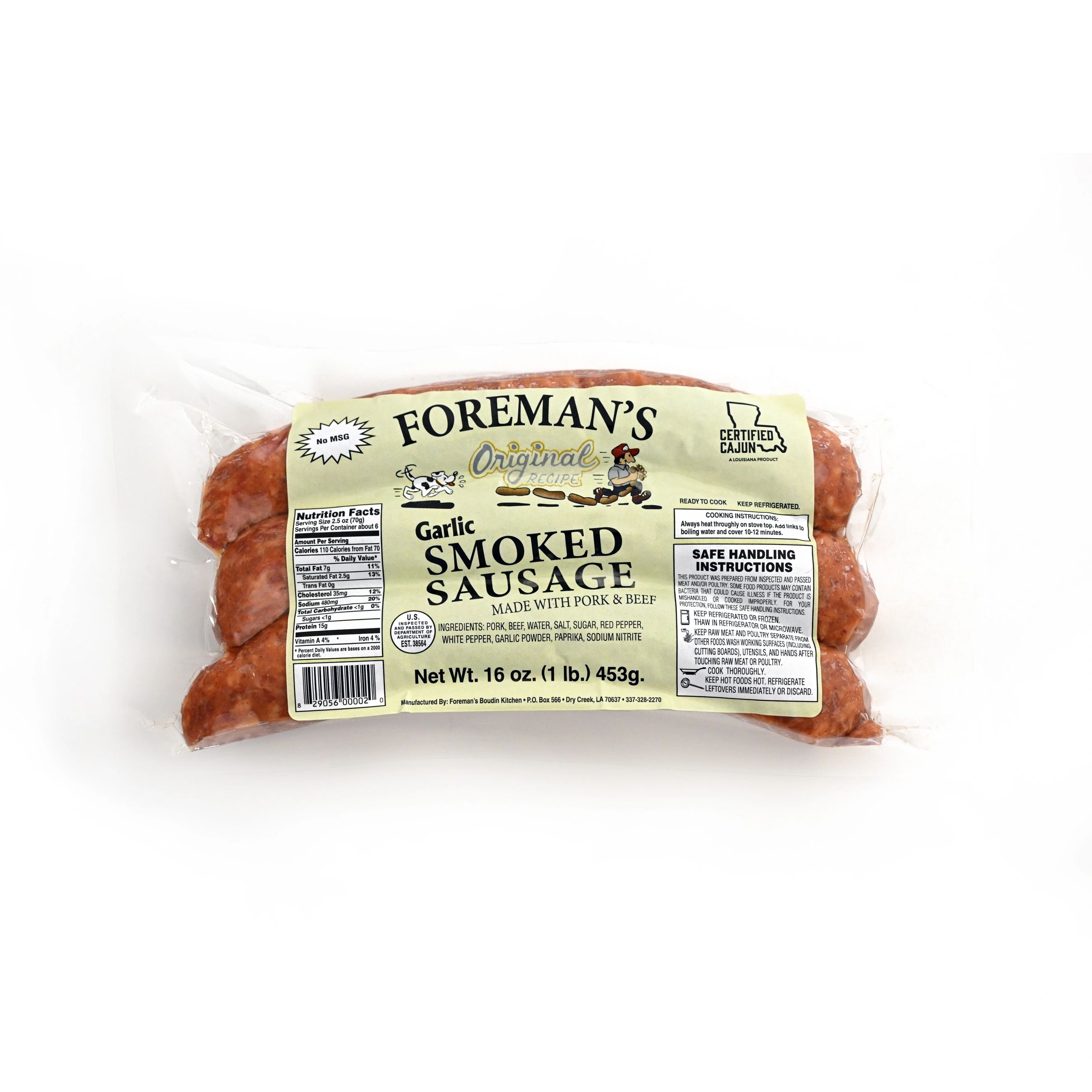 Foremans Garlic Smoked Sausage made with beef and pork in 16 oz package on a white background.