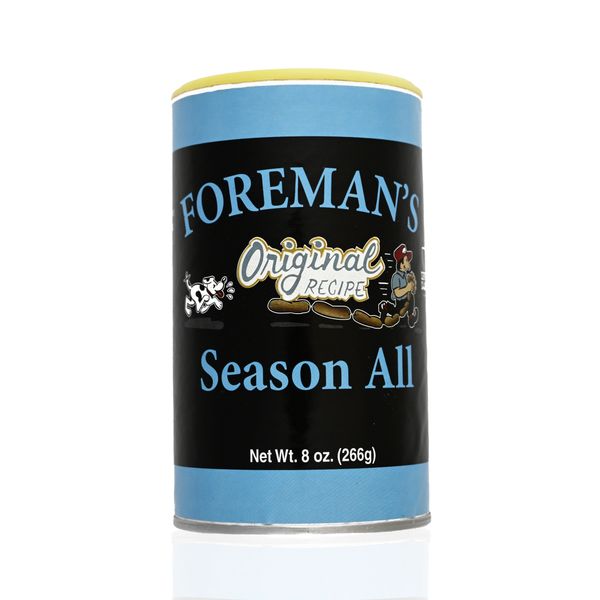 blue and black 8 oz can of Foremans Season All