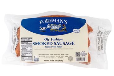Foreman's Ole' Fashion Smoked Sausage in a full 1 pound pack. Blue and cream label