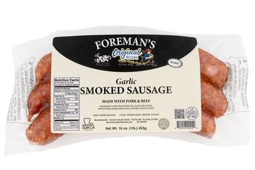 Foreman's Garlic Smoked Sausage in a full 1 pound pack. Black and cream label