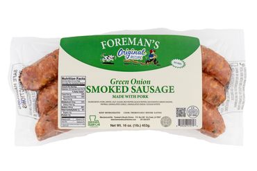 Foreman's Green Onion Smoked Sausage in a full 1 pound pack. Bright Green and cream label