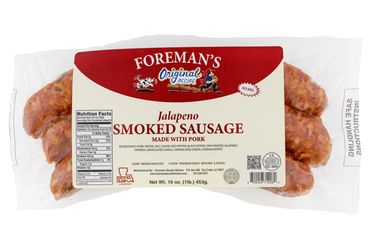 Foreman's Jalapeño Smoked Sausage in a full 1 pound pack. dark red and cream label