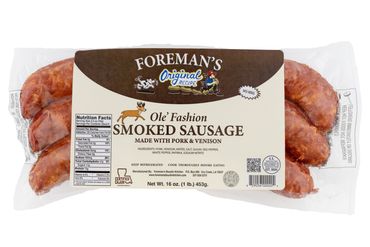 Foreman's Ole'Fashion Smoked Sausage made with venison & pork  in a full 1lb pack. Brown/cream label