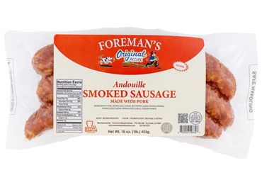Foreman's Andouille Smoked Sausage in a full 1 pound pack. Orange  and cream label