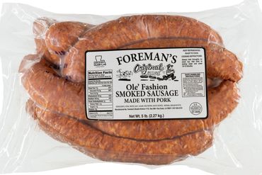 Foreman's Ole' Fashion Smoked Sausage in a five pound pack. black and white label