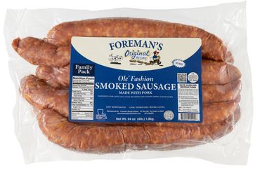 Foreman's Ole' Fashion Smoked Sausage in a four pound pack. Blue and cream label