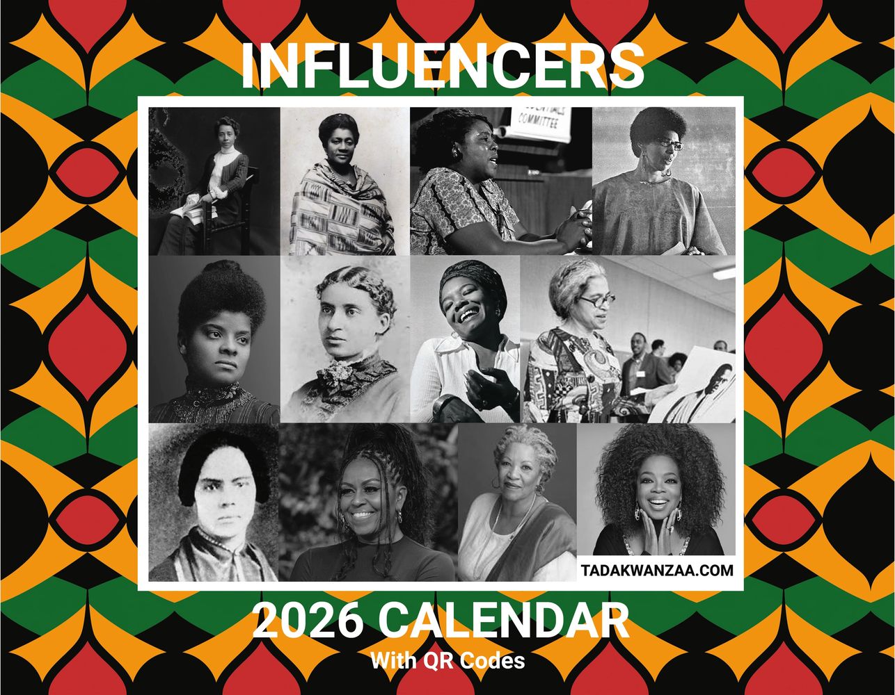 2026 Influencers calendar featuring historic and modern Black women leaders and icons.