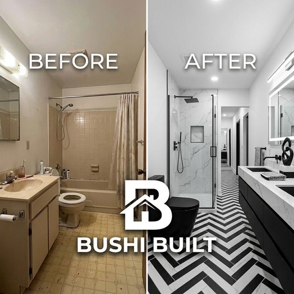 Bathroom transformed from outdated beige to modern black-and-white design.