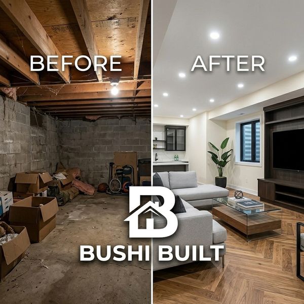 Basement transformed from cluttered storage to modern living space with stylish furniture.