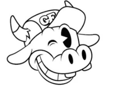 Cartoon cow smiling with a cap labeled 'GR'.