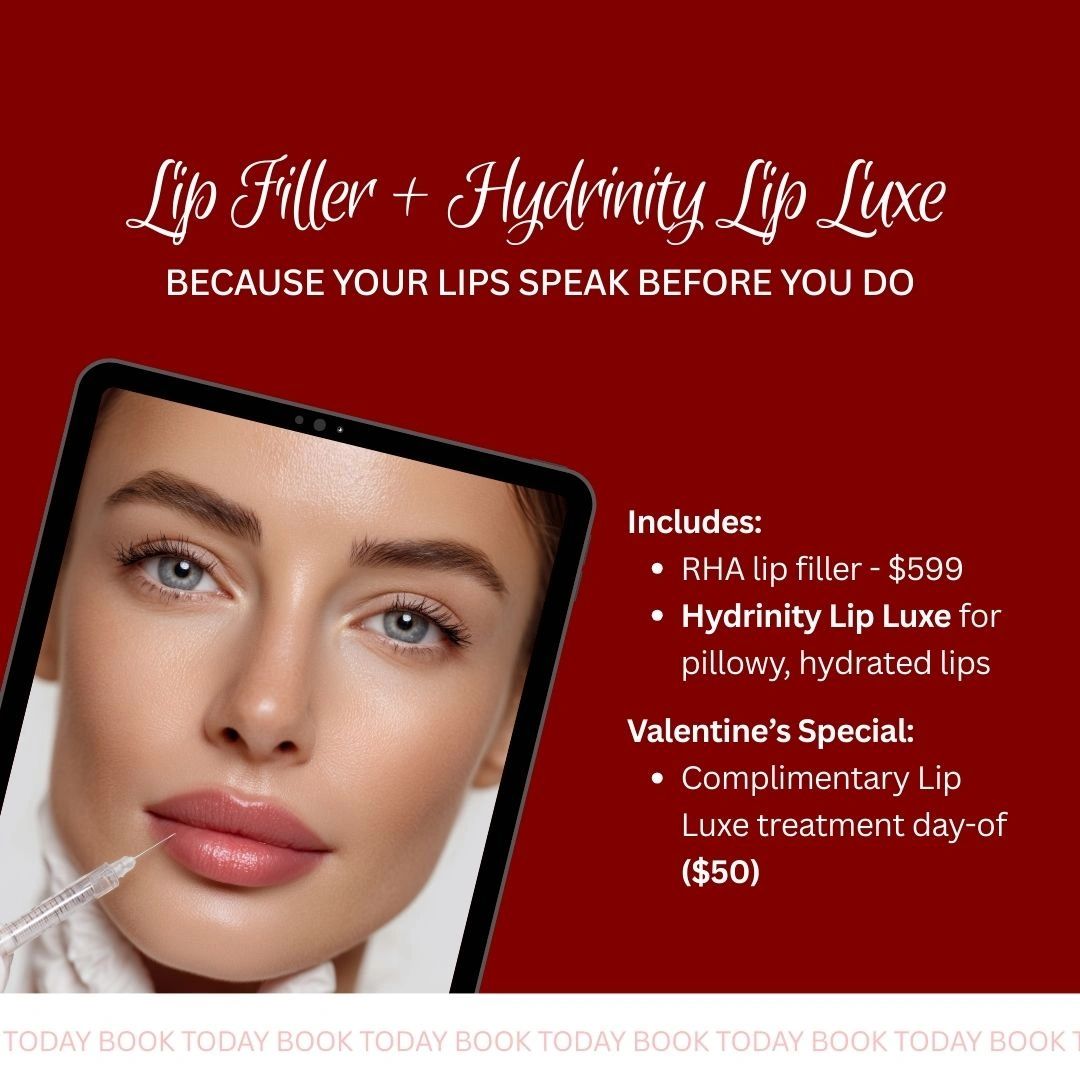 Lip filler and Hydrinity Lip Luxe treatment offer for hydrated, plump lips.