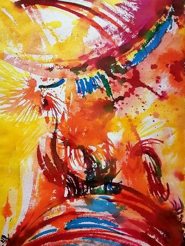 Abstract Painting in yellow, red and orange and blue in watercolor