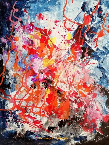 Abstract Painting in yellow, red and orange, black  and blue in acrylic paint