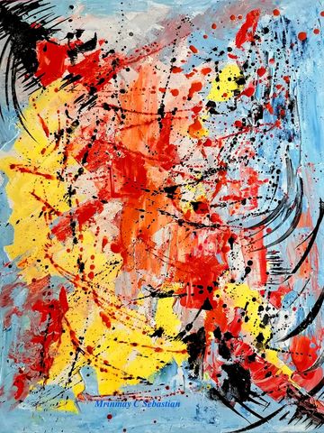 Abstract Painting in yellow, red and black and light blue in acrylic paint