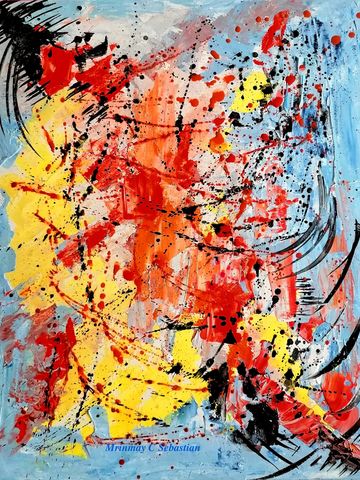 Abstract Painting in yellow, red and black and light blue in acrylic paint