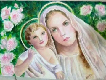 Painting of Mother Mary and Baby Jesus  with pink roes and greenery behind