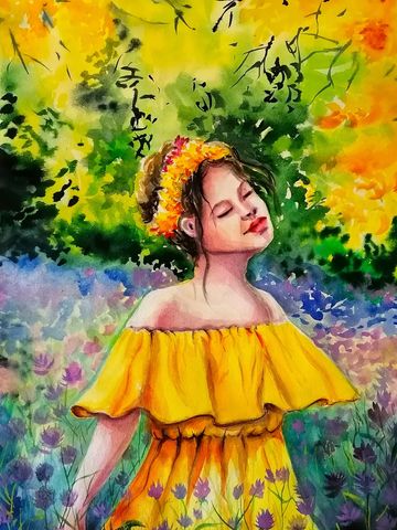  Contemporary Painting in of a girl standing in field of flowers, aginst yellow background 