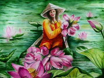 Painting of Lady in a boat with lots of lotus flowers