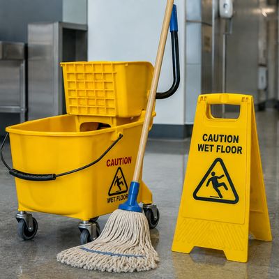 Yellow wet floor caution sign and mop bucket.