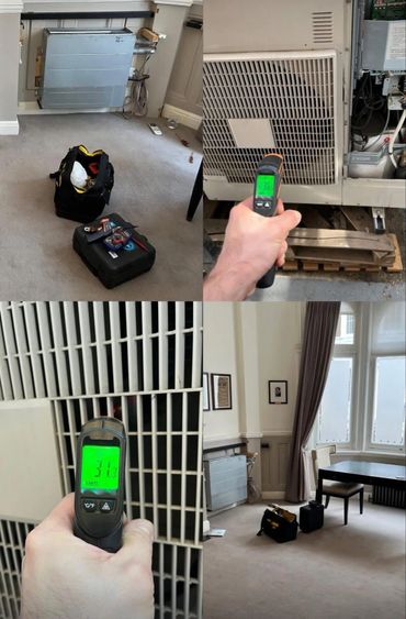 Technician using a thermal camera to check an indoor heating or cooling unit.