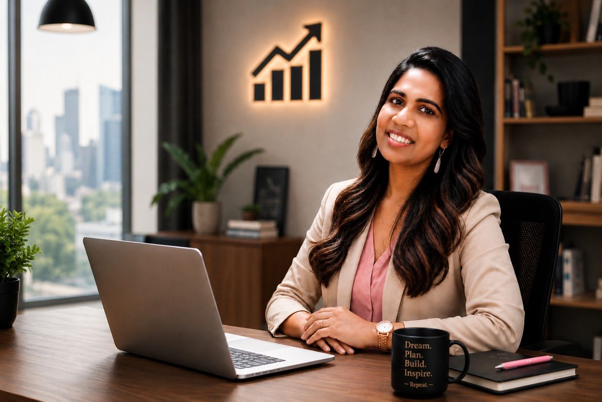 Confident businesswoman smiling at her desk with a laptop and motivational mug.