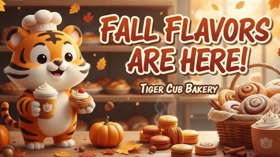 Cartoon Tiger holding a coffee and treat, macarons, autumn pastries and fall decor 