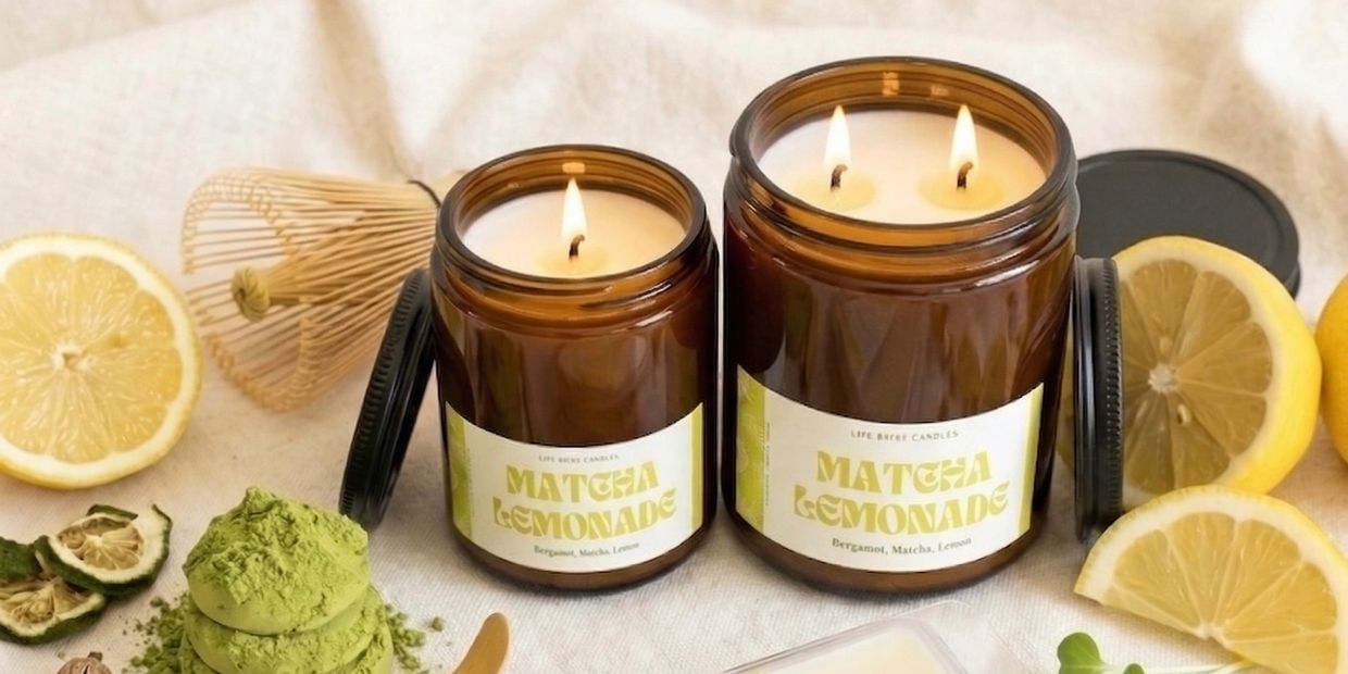 Two lit matcha lemonade scented candles surrounded by lemon slices and matcha powder.