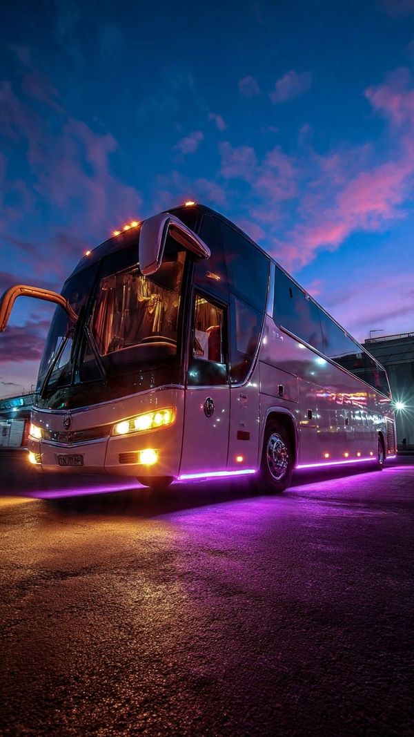 A white luxury bus illuminated with purple neon lights at dusk.