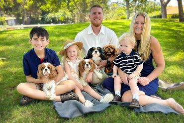 Family sitting on blanket in park with four Cavalier King Charles Spaniel dogs