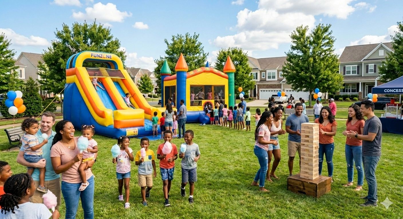 HOA Community party with inflatables, cotton candy and yard games in Charlotte, NC